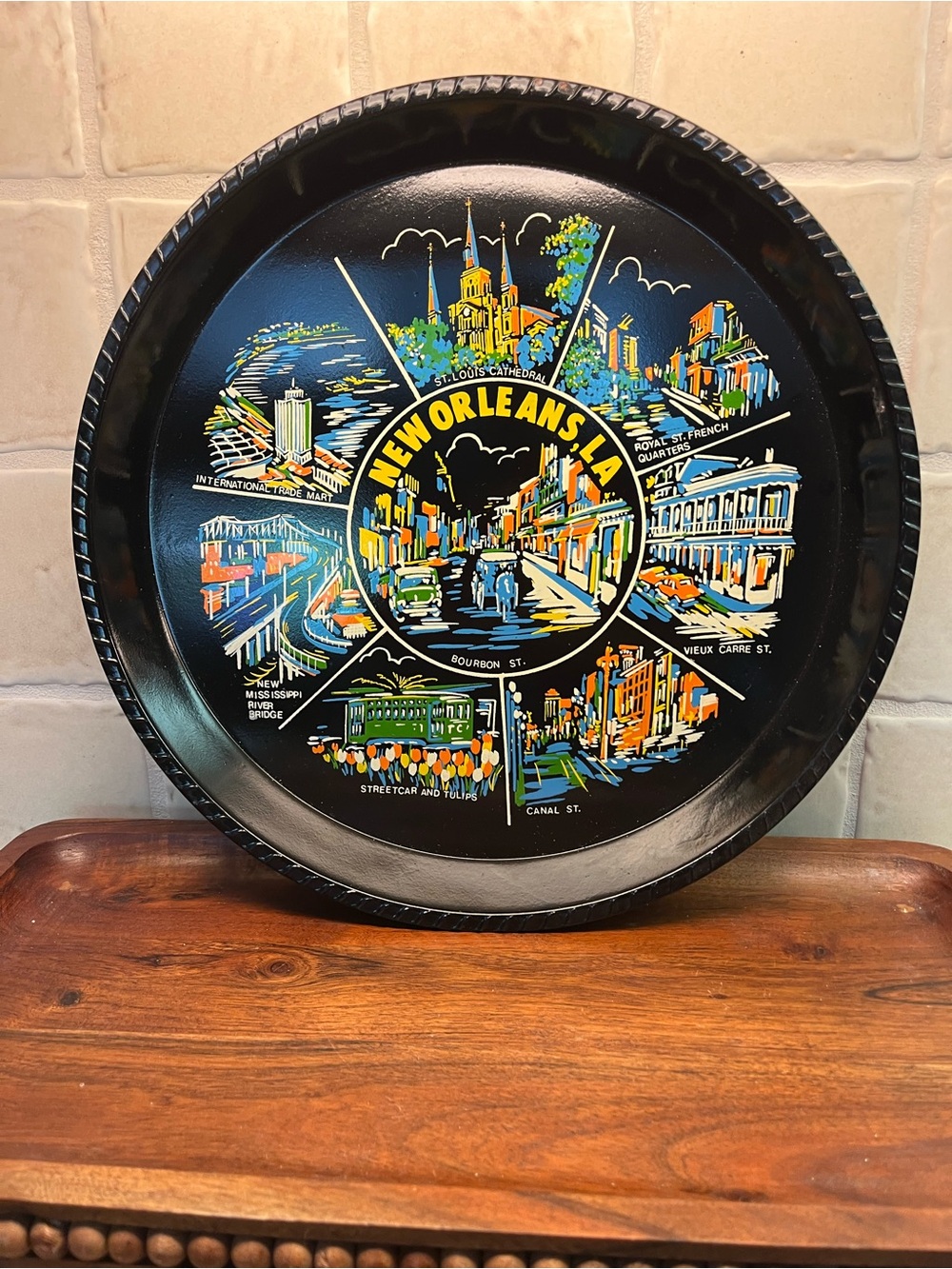 Vintage New Orleans Black Decorative Souvenir Tray with Multicolor Scenic Art
